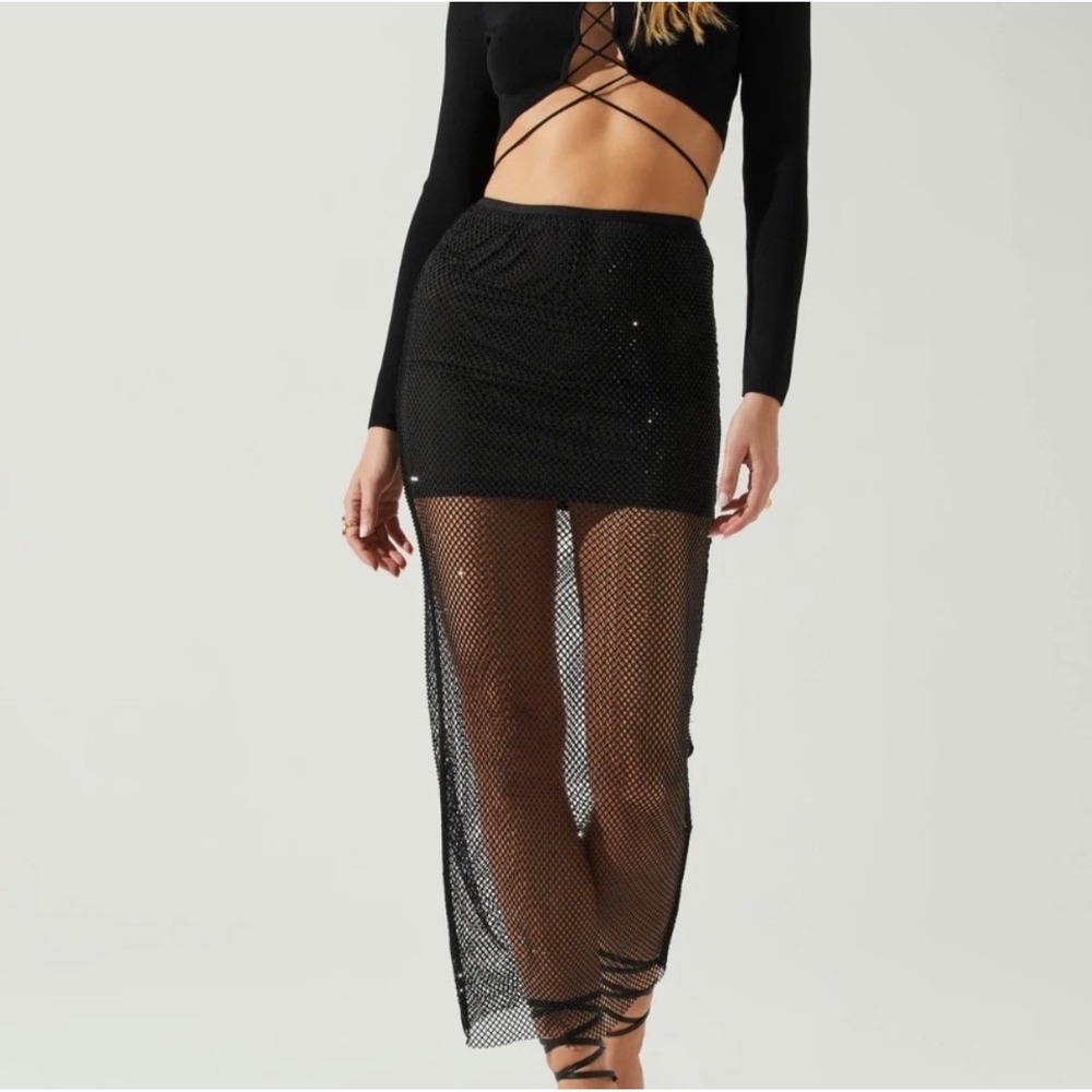 ASTR the Label Mimi Mesh Overlay Midi Skirt Black Rhinestone High Slit Lined M
